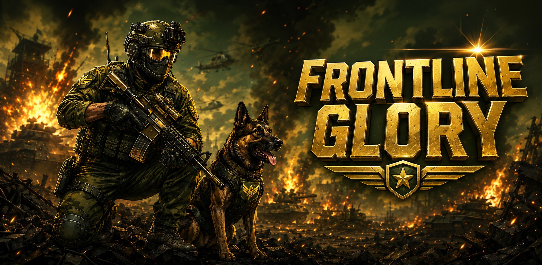 Frontline Glory — operativo con su compañero K9 frente a un frente de batalla en llamas